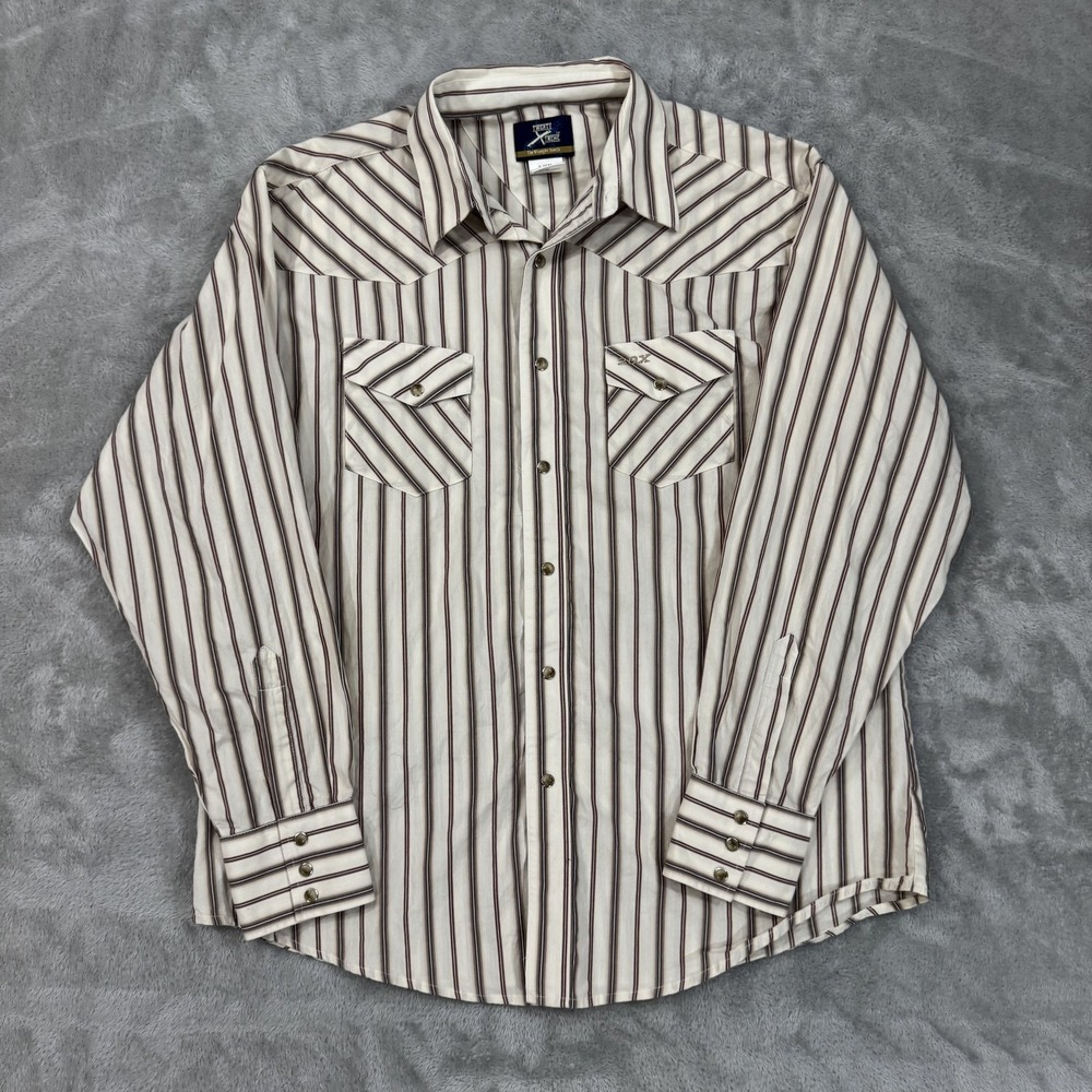 Vintage Wrangler 20X Shirt Mens XL Twenty Xtreme Beige Striped Pearl Snap Rodeo